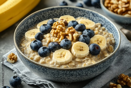 A bowl of oatmeal topped with banana slices, blueberries, and walnuts, offering a delicious and energizing start to the day.