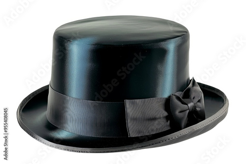 A black top hat with a satin finish and a black ribbon bow.