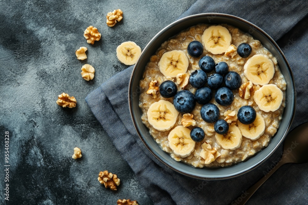 A bowl of oatmeal topped with banana slices, blueberries, and walnuts, offering a delicious and energizing start to the day. A bowl of oatmeal topped with banana slices, blueberries, and walnuts, offering a delicious and energizing start to the day.