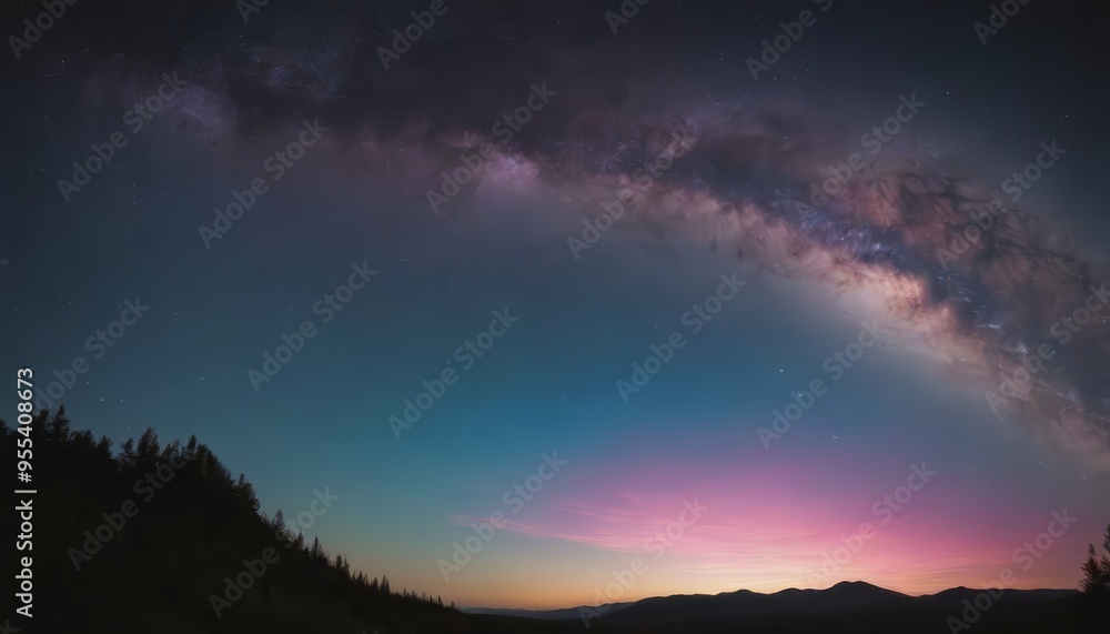 A vibrant pink and blue sky with a silhouette of trees in the foreground, and the Milky Way arching overhead, at night. A vibrant pink and blue sky with a silhouette of trees in the foreground, and the Milky Way arching overhead, at night.