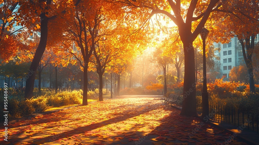 Fototapeta premium In a bustling cityscape, autumn's arrival paints a vibrant tapestry. Sunlit trees donning fiery hues stand sentinel in a serene park, their golden leaves carpeting the ground. 
