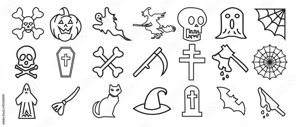Halloween line icons set in black color. Collection of Halloween Linear icon . Halloween element set like hat, ghost, bat, spider etc.. Hand drawn vector illustration.
Halloween line icons set in black color. Collection of Halloween Linear icon . Halloween element set like hat, ghost, bat, spider etc.. Hand drawn vector illustration.