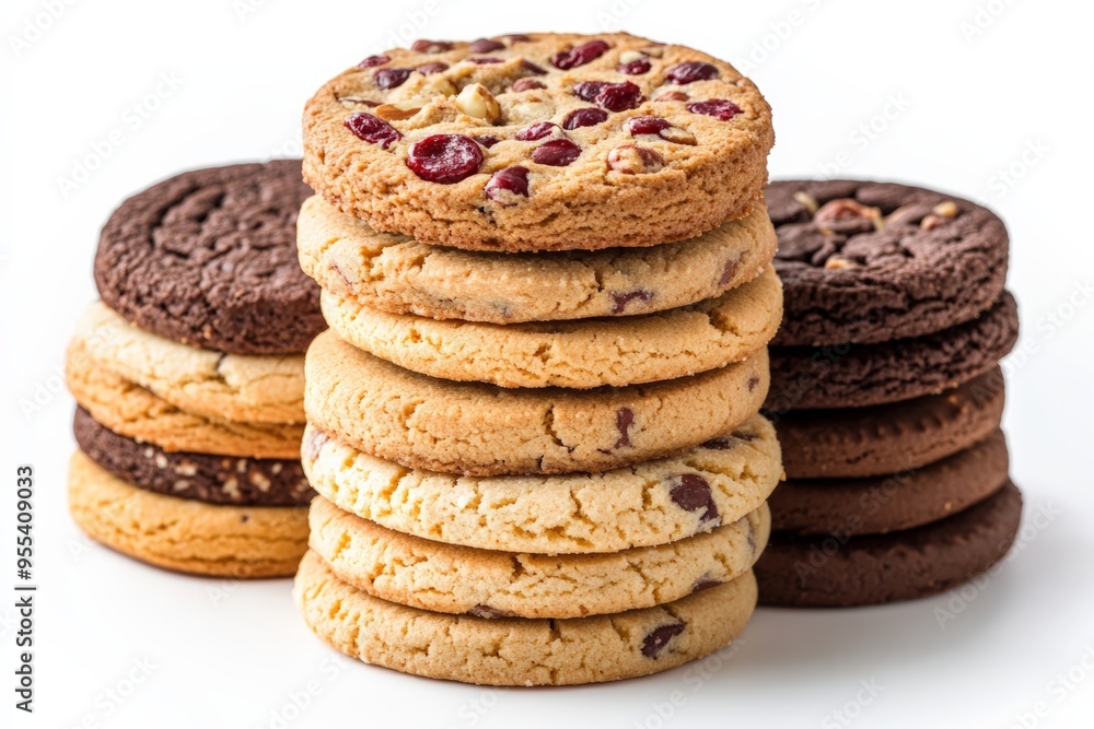 A stack of assorted cookies including chocolate chip, cranberry, and nut varieties, perfect for a sweet treat. A stack of assorted cookies including chocolate chip, cranberry, and nut varieties, perfect for a sweet treat.