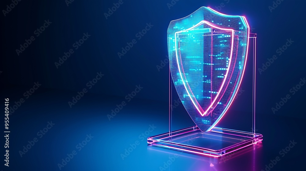 Digital shield symbolizing cybersecurity with neon lights on a blue background, representing data protection and internet security. Digital shield symbolizing cybersecurity with neon lights on a blue background, representing data protection and internet security.