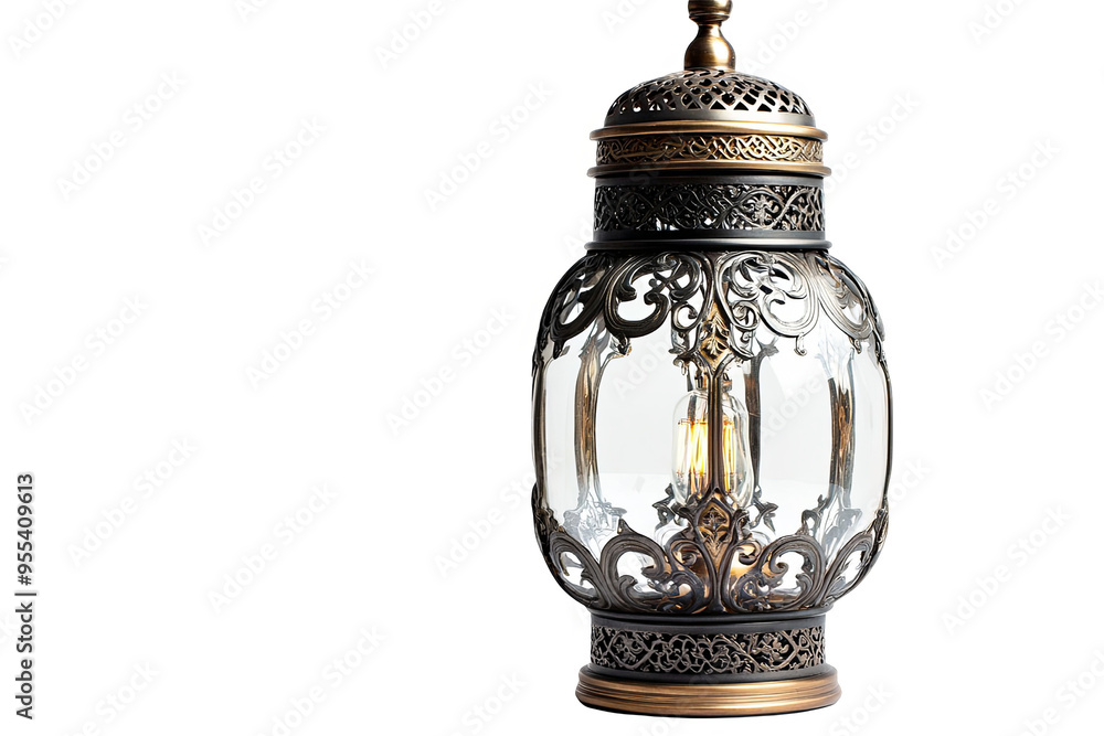 A traditional ornate metal lantern with a glass body and a candle inside, against a white transparent background. A traditional ornate metal lantern with a glass body and a candle inside, against a white transparent background.
