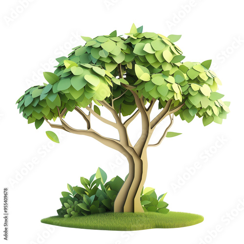 Illustration of a green tree with lush leaves and a thick trunk, isolated on a white background. Perfect for environmental and nature themes.