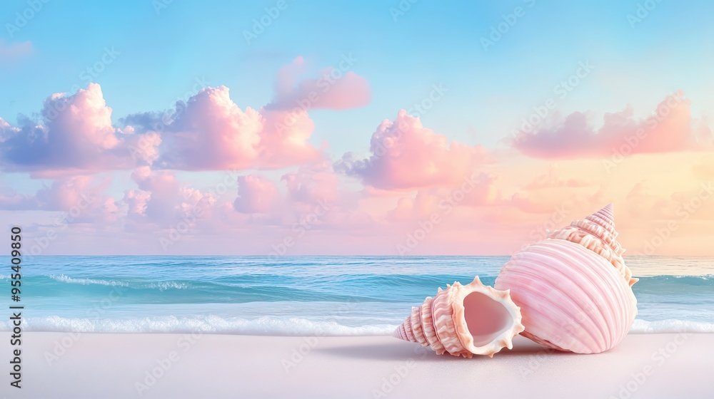 Beautiful seashells on a sandy beach with a serene ocean view and pastel-colored clouds at sunset. Beautiful seashells on a sandy beach with a serene ocean view and pastel-colored clouds at sunset.