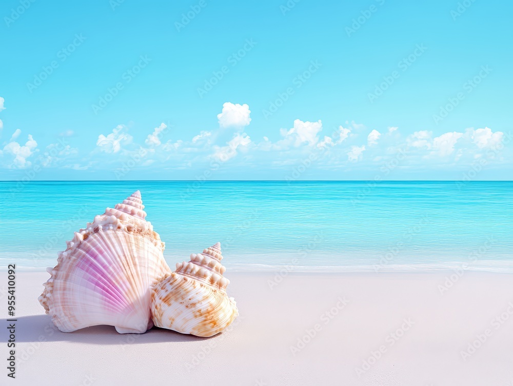 Beautiful seashells on a serene beach with light blue water and fluffy clouds. Perfect for summer and nature themes. Beautiful seashells on a serene beach with light blue water and fluffy clouds. Perfect for summer and nature themes.