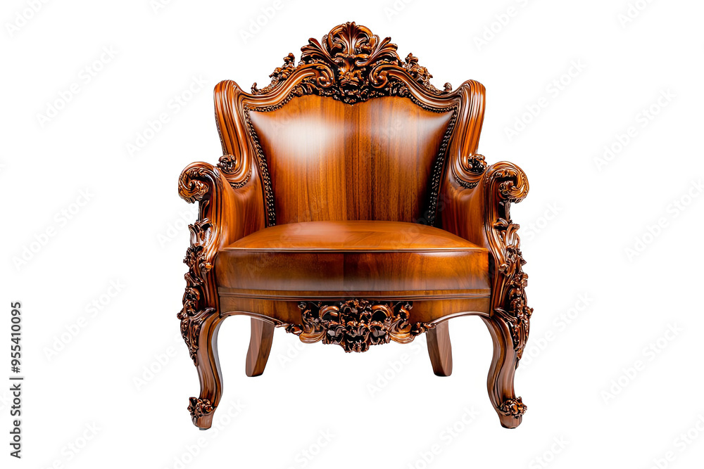 A beautifully crafted wooden armchair with intricate carvings and a plush leather seat. It stands on a white transparent background. A beautifully crafted wooden armchair with intricate carvings and a plush leather seat. It stands on a white transparent background.