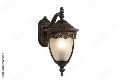 A close-up of a traditional outdoor wall sconce with an ornate design and a frosted glass shade.