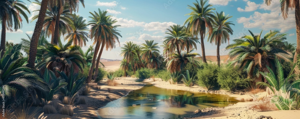 Fototapeta premium Desert oasis with palm trees and a small pond, 4K hyperrealistic photo