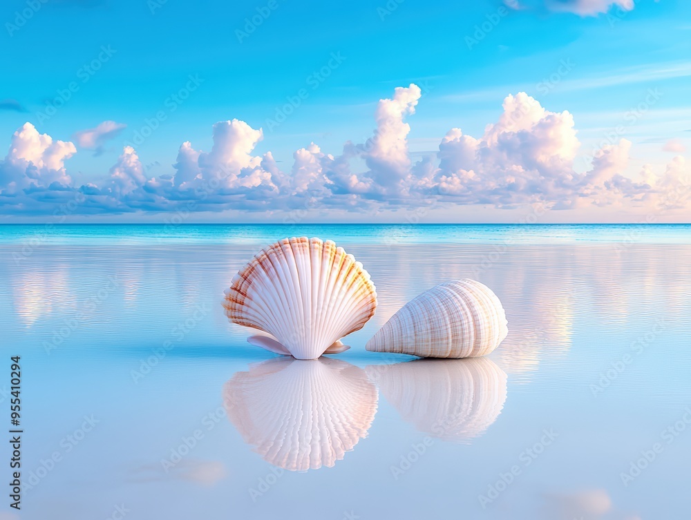 Beautiful seashells reflect on calm water under a bright sky, creating a peaceful coastal scene perfect for relaxation. Beautiful seashells reflect on calm water under a bright sky, creating a peaceful coastal scene perfect for relaxation.
