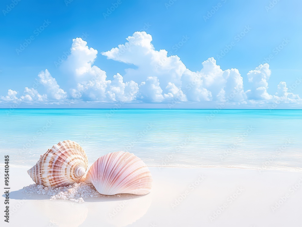 Beautiful seashells resting on a pristine beach, with clear turquoise water and fluffy clouds under a bright blue sky. Beautiful seashells resting on a pristine beach, with clear turquoise water and fluffy clouds under a bright blue sky.