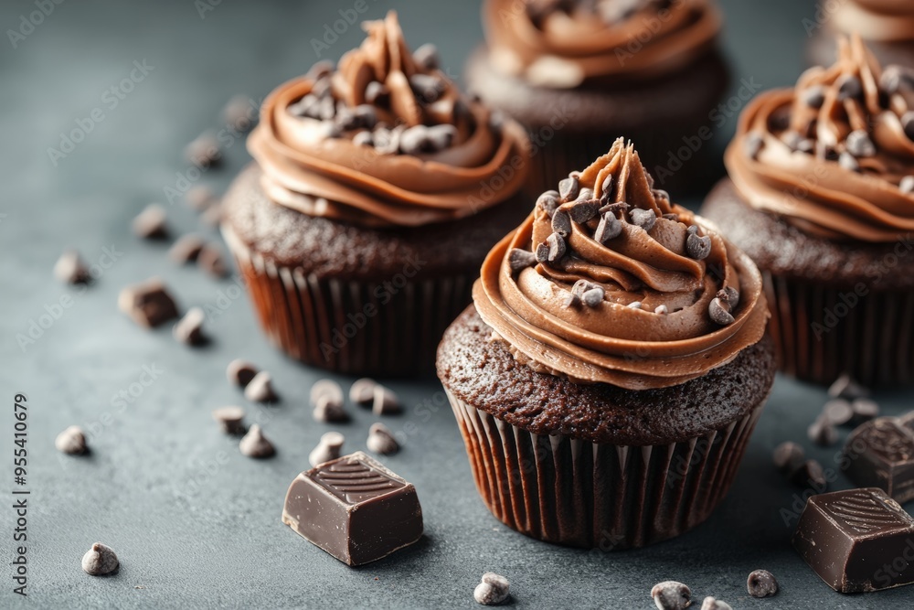 Decadent chocolate cupcakes topped with chocolate frosting and chocolate chips, arranged on a dark background, creating an indulgent dessert scene. Decadent chocolate cupcakes topped with chocolate frosting and chocolate chips, arranged on a dark background, creating an indulgent dessert scene.