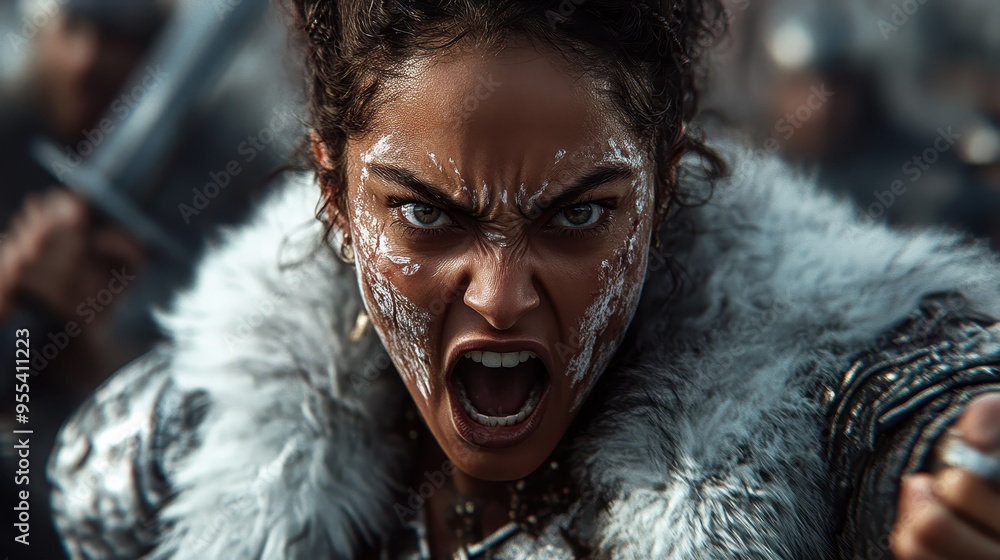 A fierce warrior woman with tribal face paint and fur armor roars in rage during an intense battle, holding a sword amidst chaos and determination. A fierce warrior woman with tribal face paint and fur armor roars in rage during an intense battle, holding a sword amidst chaos and determination.