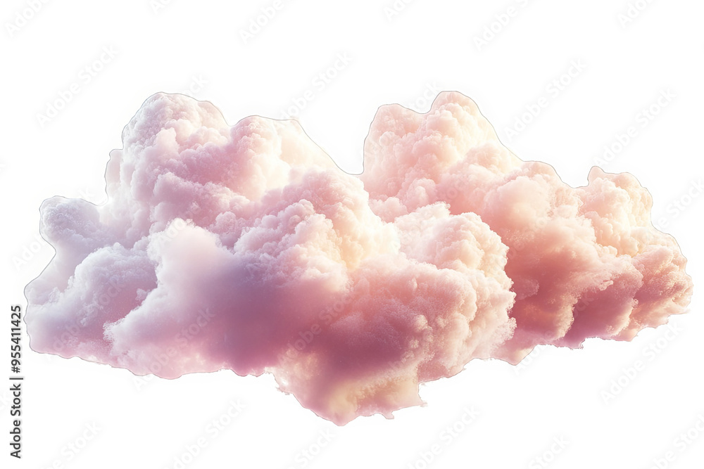 A large, fluffy white cloud with pink and purple hues, isolated on a white transparent background. A large, fluffy white cloud with pink and purple hues, isolated on a white transparent background.