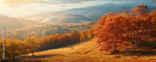 Hills covered in golden autumn leaves, 4K hyperrealistic photo, photo