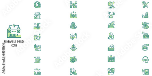 Renewable simple concept 28 colour icons set. Contains such Green energy, renewable energy,policy, enviroment, biosphere, energy saving, accumulator, electric tower, .Vector illustration.