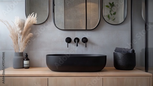 A chic ensuite bathroom featuring a timber vanity, black sink, and pill-shaped mirrors, perfect for a luxury hotel. photo