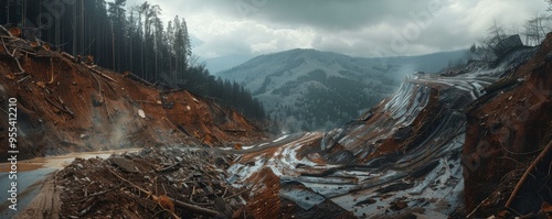 Landslide burying mountain road, 4K hyperrealistic photo photo