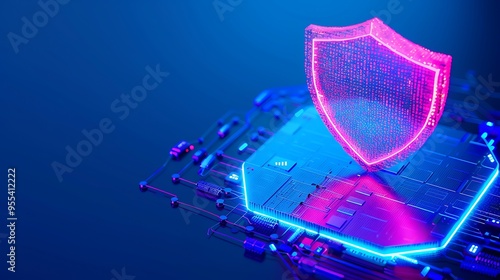Futuristic cybersecurity concept with a glowing digital shield protecting a microchip on a dark blue background.
