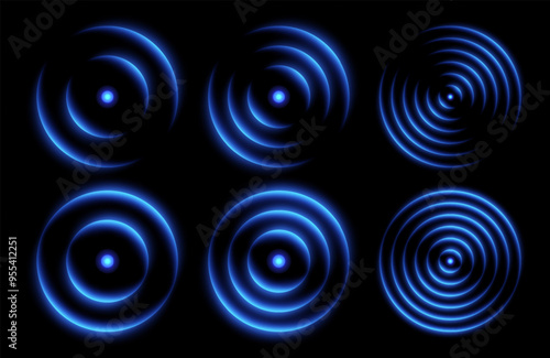 Sonic wave light effect, wireless network signal icons, glowing scanning concept. Sensor or echo neon effects. Vector illustration.