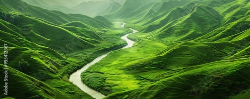 River winding through rolling green hills, 4K hyperrealistic photo