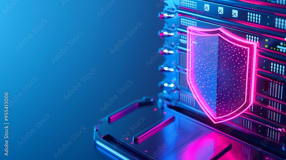 Futuristic cybersecurity concept with glowing shield and server rack, symbolizing protection of data and information in digital space. Futuristic cybersecurity concept with glowing shield and server rack, symbolizing protection of data and information in digital space.
