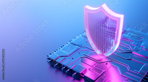 Obraz na płótnie Futuristic cybersecurity concept with glowing shield icon on a microchip, symbolizing digital protection and advanced technology. w salonie