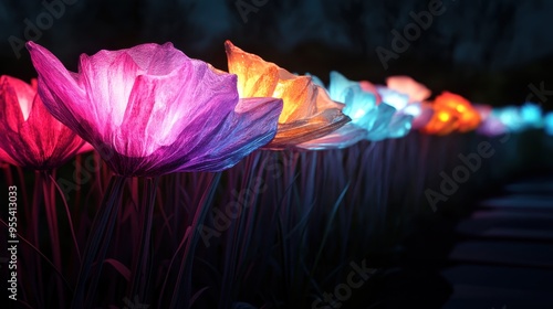 Colorful glowing flowers light up a garden pathway at night, creating a mesmerizing blend of illumination and natural beauty, perfect for a magical garden ambiance. photo