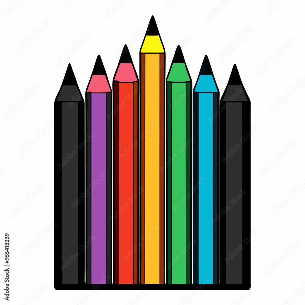 Black Silhouette of Colored Pencils on White Background – Art Vector Illustration