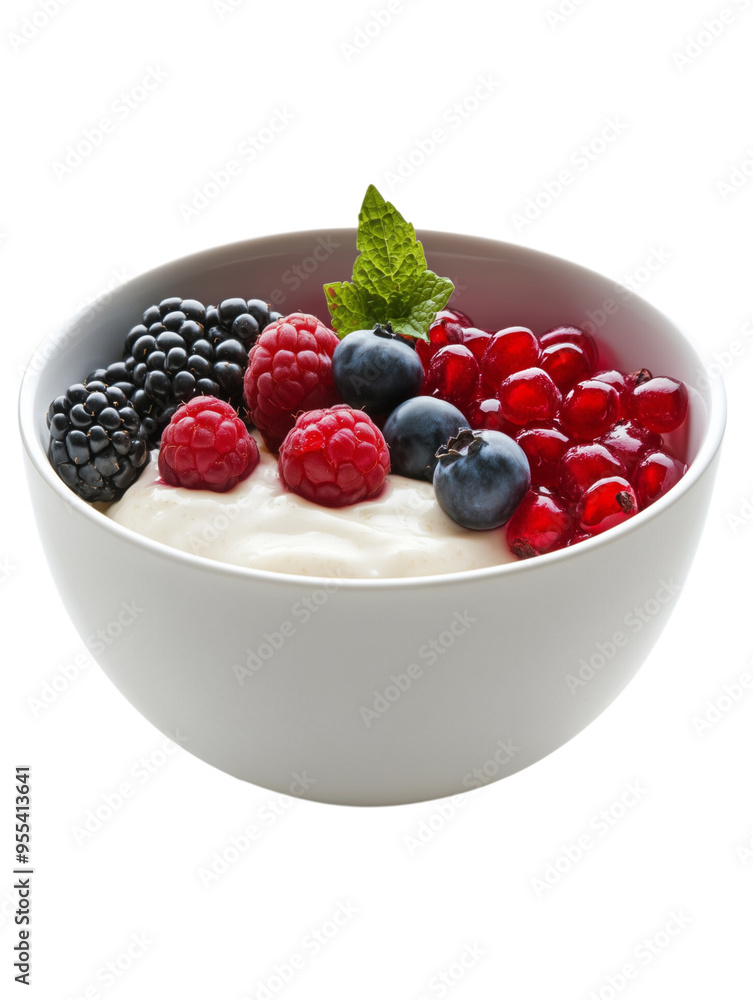 Bowl of oatmeal with blueberry, raspberry, pomegranate and blackberry isolated on transparent background Bowl of oatmeal with blueberry, raspberry, pomegranate and blackberry isolated on transparent background
