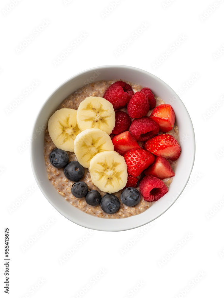 Bowl of oatmeal with banana, strawberry, blueberry isolated on transparent background Bowl of oatmeal with banana, strawberry, blueberry isolated on transparent background