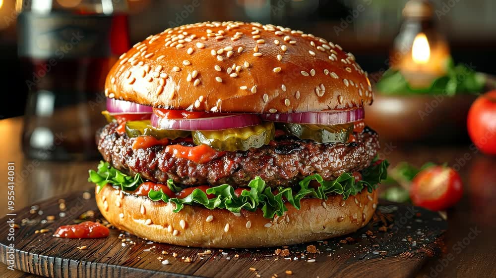 Delicious cheeseburger with fresh toppings on a wooden board, mouthwatering dining concept Delicious cheeseburger with fresh toppings on a wooden board, mouthwatering dining concept