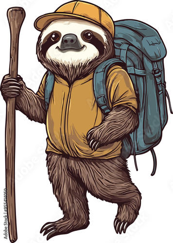 sloth adventure, equipped with a backpack and walking stick, vector