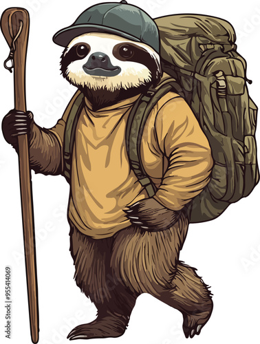 sloth adventure, equipped with a backpack and walking stick, vector