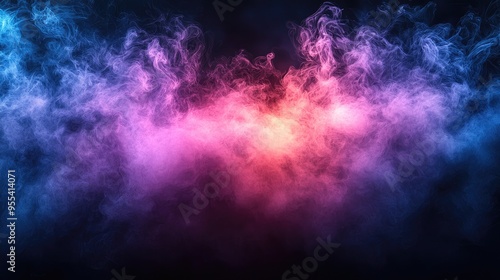 Background of an empty room with smoke and neon light. Dark abstract background