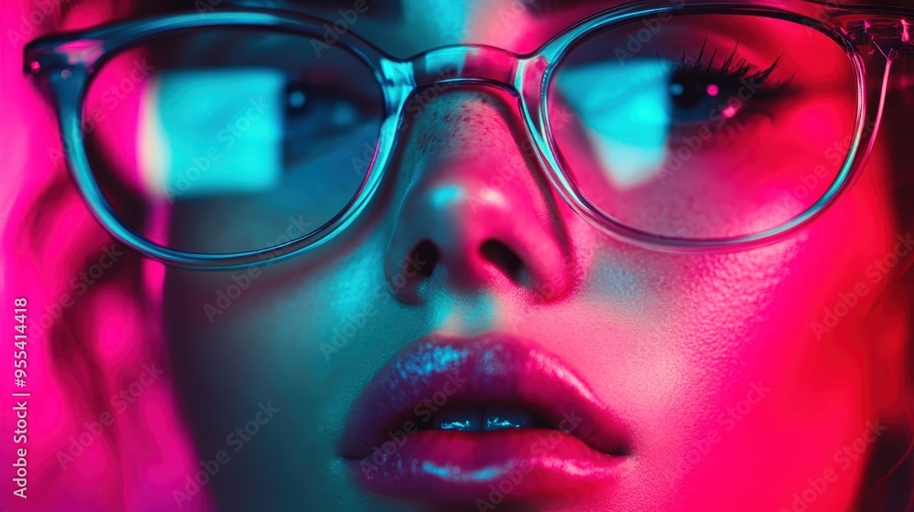 An abstract image featuring vibrant eyeglasses with neon lighting and colorful hues. The modern and artistic design showcases a stylish and contemporary aesthetic. An abstract image featuring vibrant eyeglasses with neon lighting and colorful hues. The modern and artistic design showcases a stylish and contemporary aesthetic.