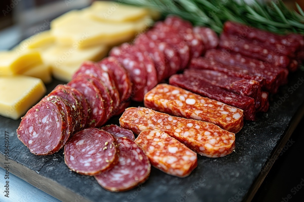 A variety of cured meats and cheeses displayed on a deli counter with herbs A variety of cured meats and cheeses displayed on a deli counter with herbs