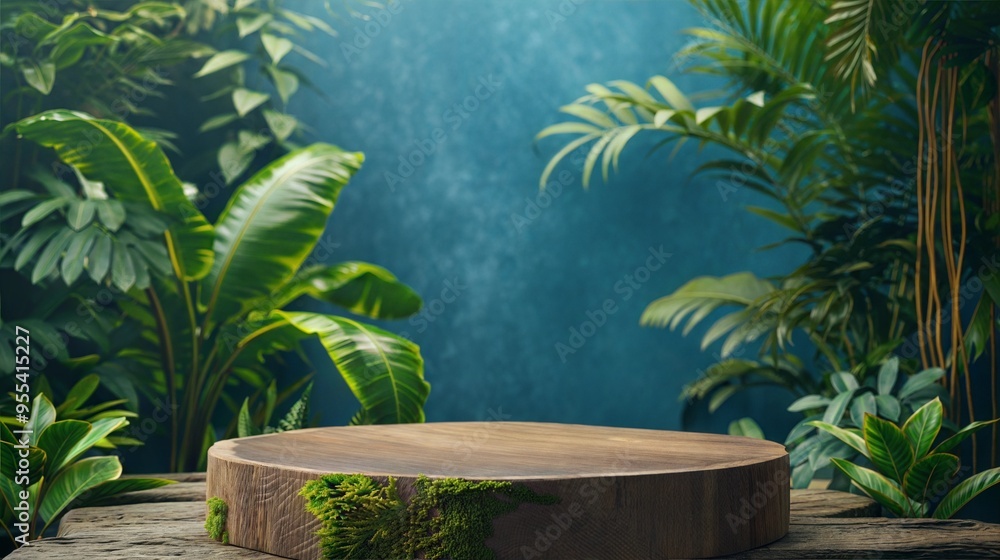 Wooden Podium in a tropical jungle setting with lush greenery and atmospheric light rays Wooden Podium in a tropical jungle setting with lush greenery and atmospheric light rays