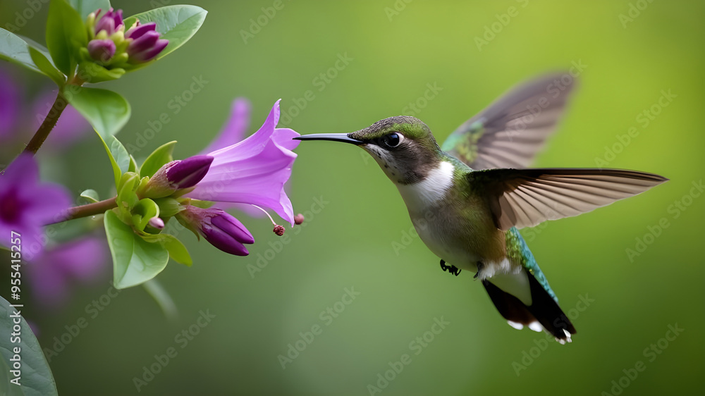 Fototapeta premium Ruby Throated Hummingbird Feeding on Honeysuckle Flowers in Summer.