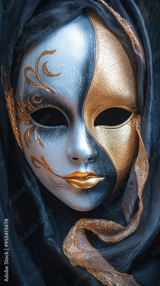 A haunting, intricately designed mask emerges from dark fabric, sparking mystery A haunting, intricately designed mask emerges from dark fabric, sparking mystery