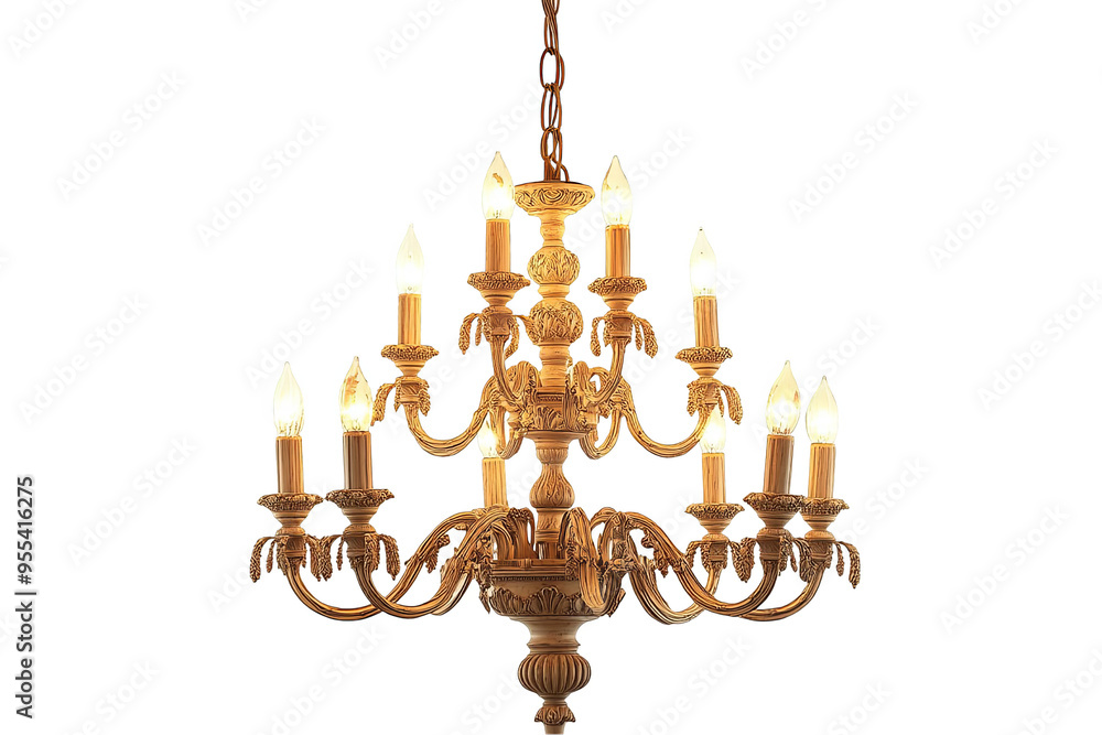 A traditional, ornate chandelier with 10 candle-style bulbs and intricate carvings hanging from the ceiling. A traditional, ornate chandelier with 10 candle-style bulbs and intricate carvings hanging from the ceiling.