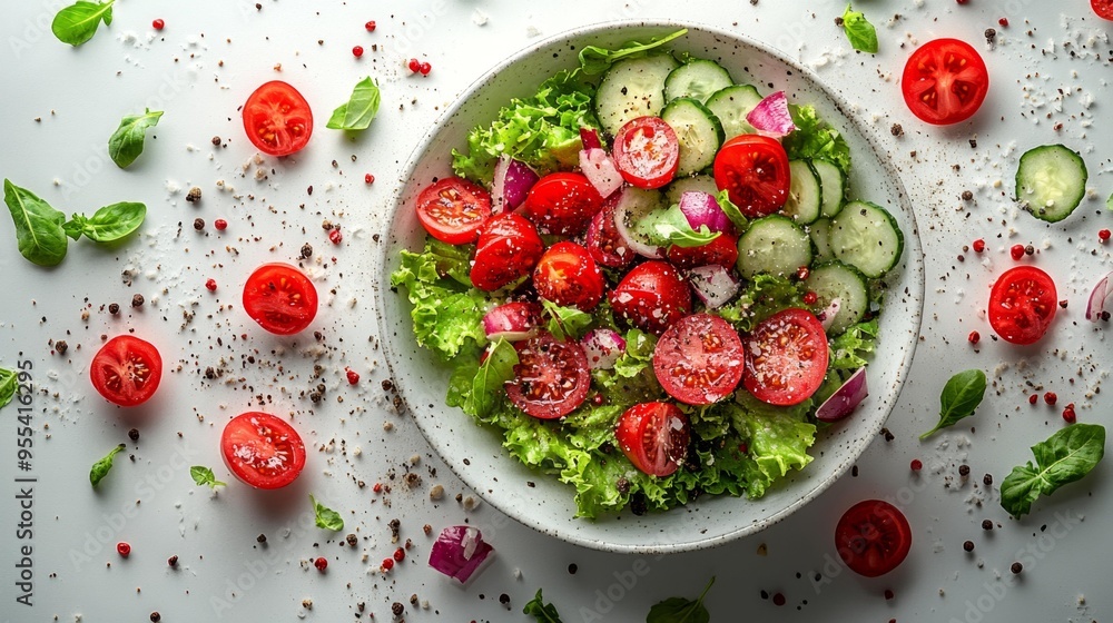 Fresh Salad with Tomatoes and Cucumbers on White Background Generative AI Fresh Salad with Tomatoes and Cucumbers on White Background Generative AI