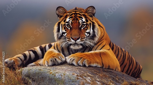 Tiger, a majestic feline, is the largest species in the Panthera genus, renowned for its strength, agility, and striking orange-black coat.  photo