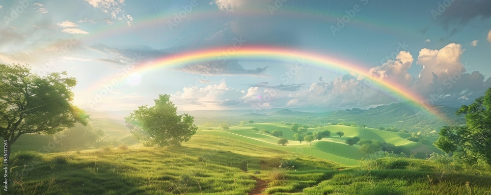 Obraz premium Rainbow over peaceful countryside, 4K hyperrealistic photo