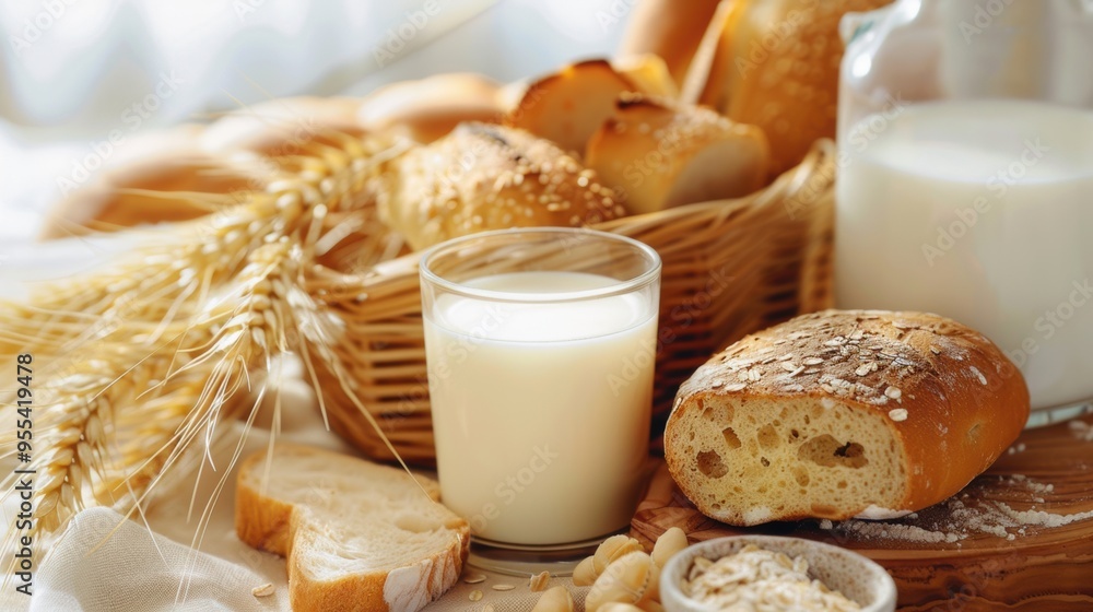 Milk, bread, nutritious breakfast, white background. Milk, bread, nutritious breakfast, white background.