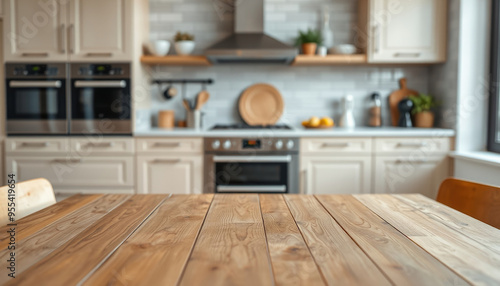 Empty wooden surface on blurred background of modern kitchen