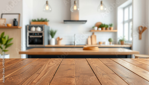 Empty wooden surface on blurred background of modern kitchen