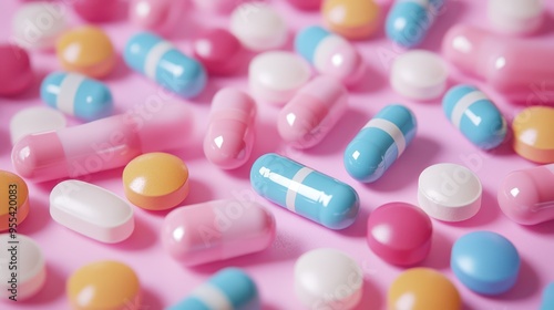 Colorful assortment of pills and capsules on a pink background